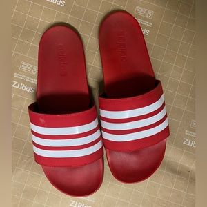 Red striped adidas slides - size 12